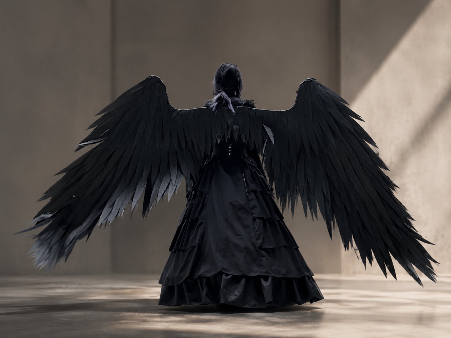 Black feather cosplay wings shown on a wearer for scale.