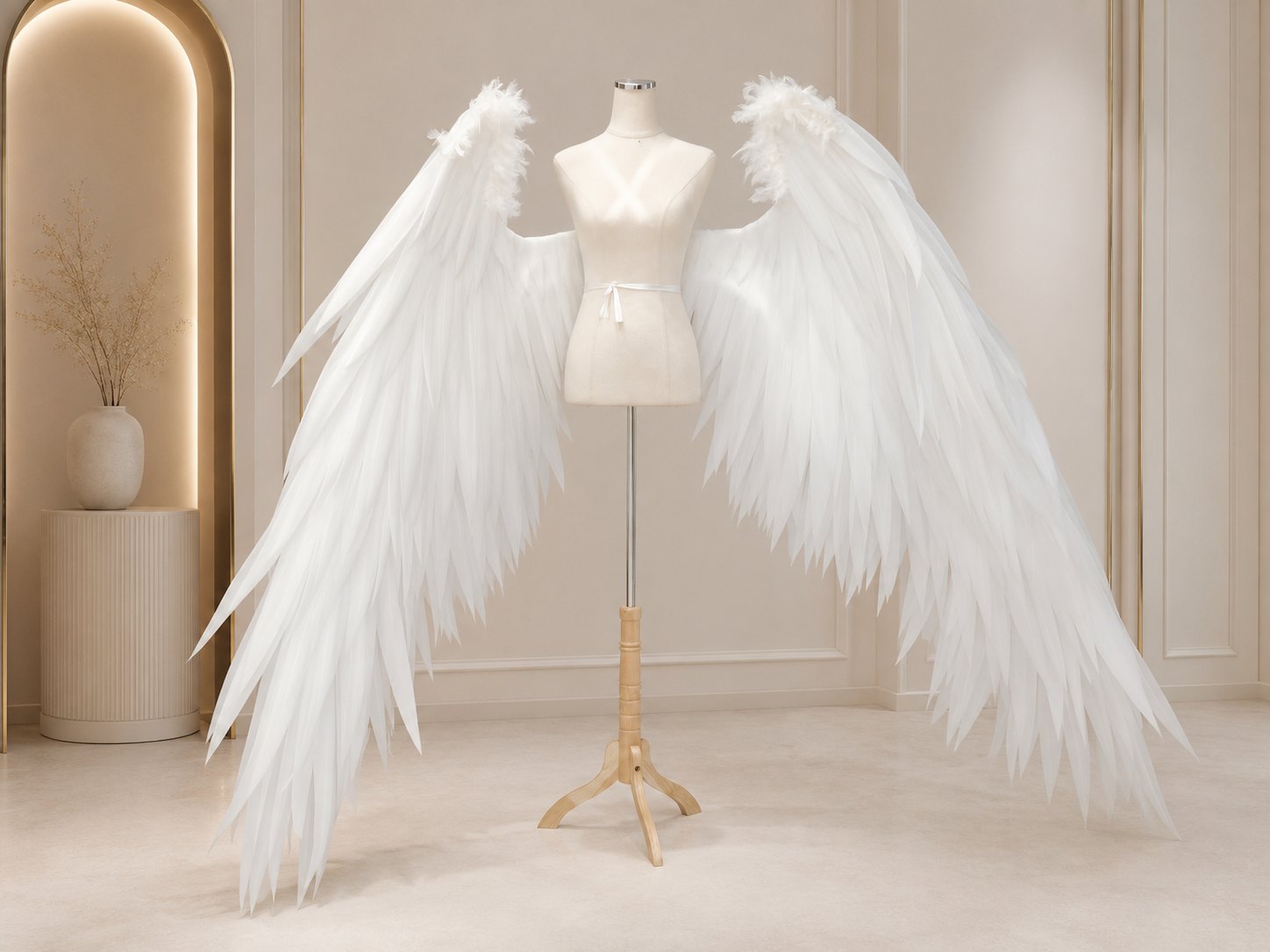 White arched angel cosplay wings displayed on a dress form.