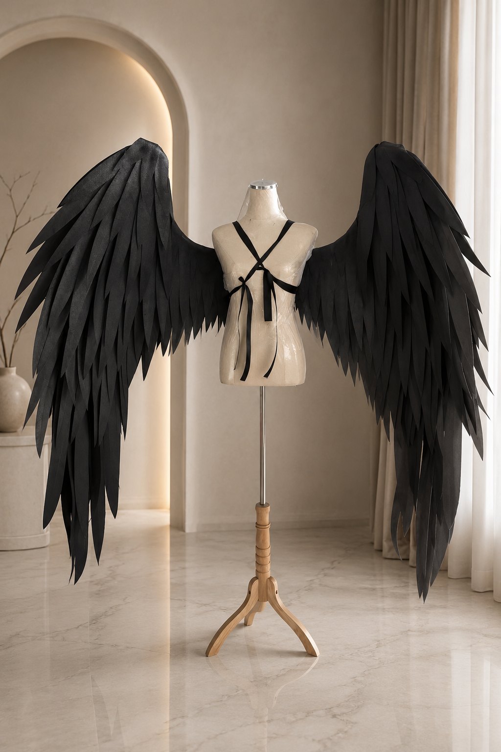 Black cosplay wings with long vertical feather drop on a dress form.