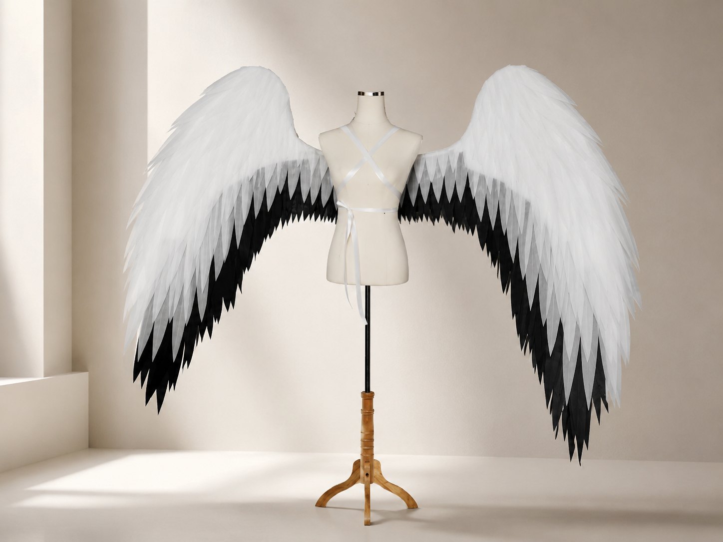 White angel cosplay wings with black lower feather tips on a dress form.