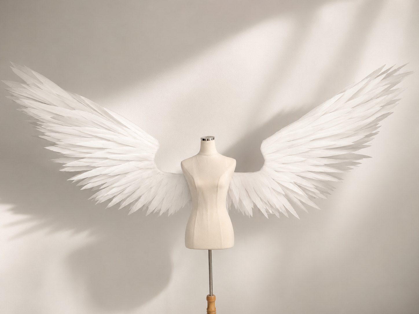 Soft white angel cosplay wings spread against a light studio wall.