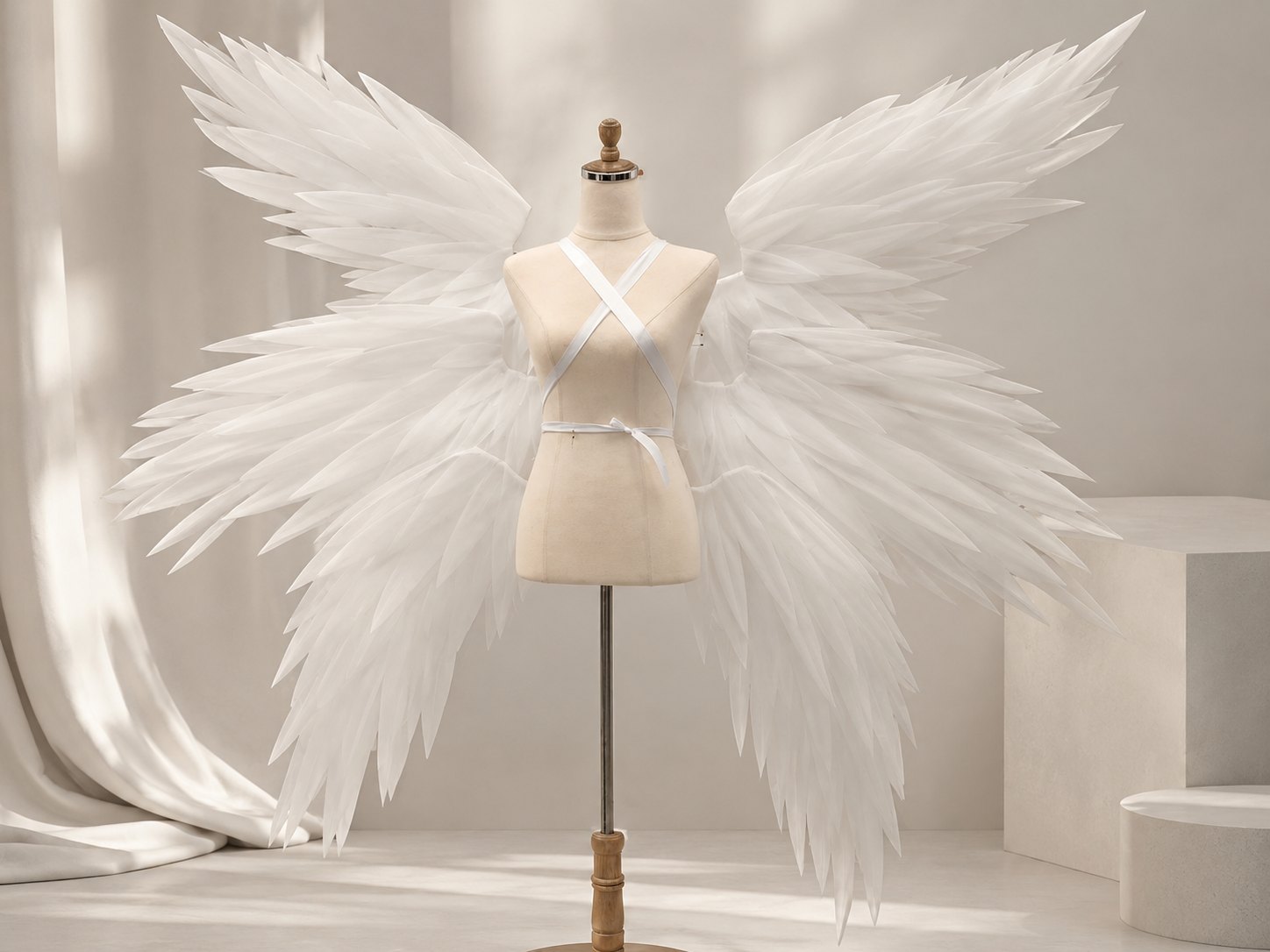 Back view of white angel cosplay wings with wearable harness straps.