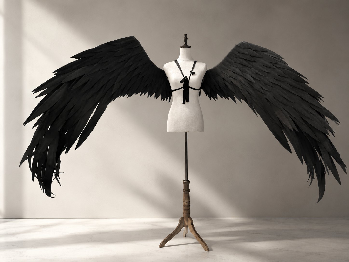 Wide black feather cosplay wings displayed on a dress form.
