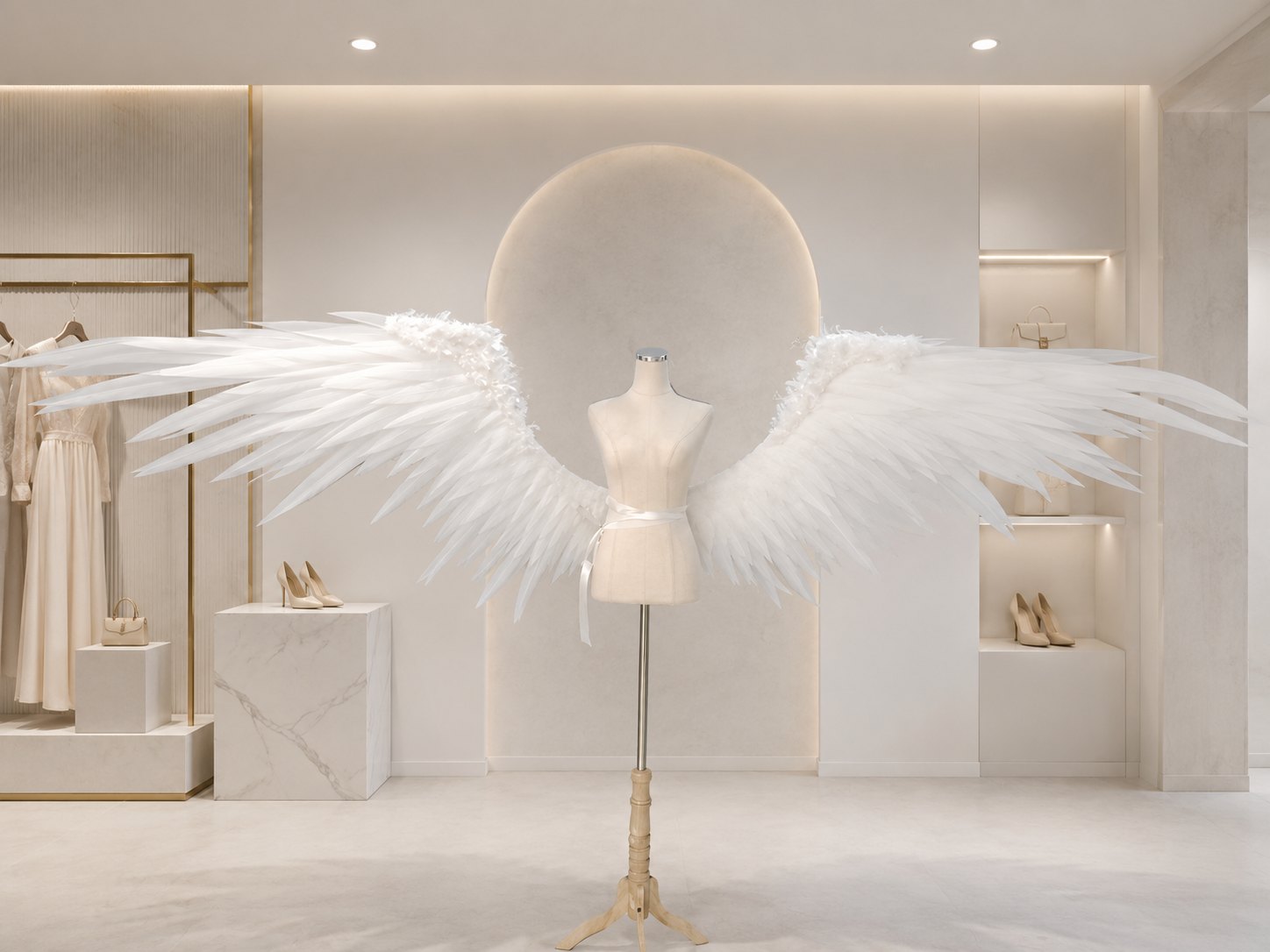 Full white angel cosplay wings displayed in a light room setting.