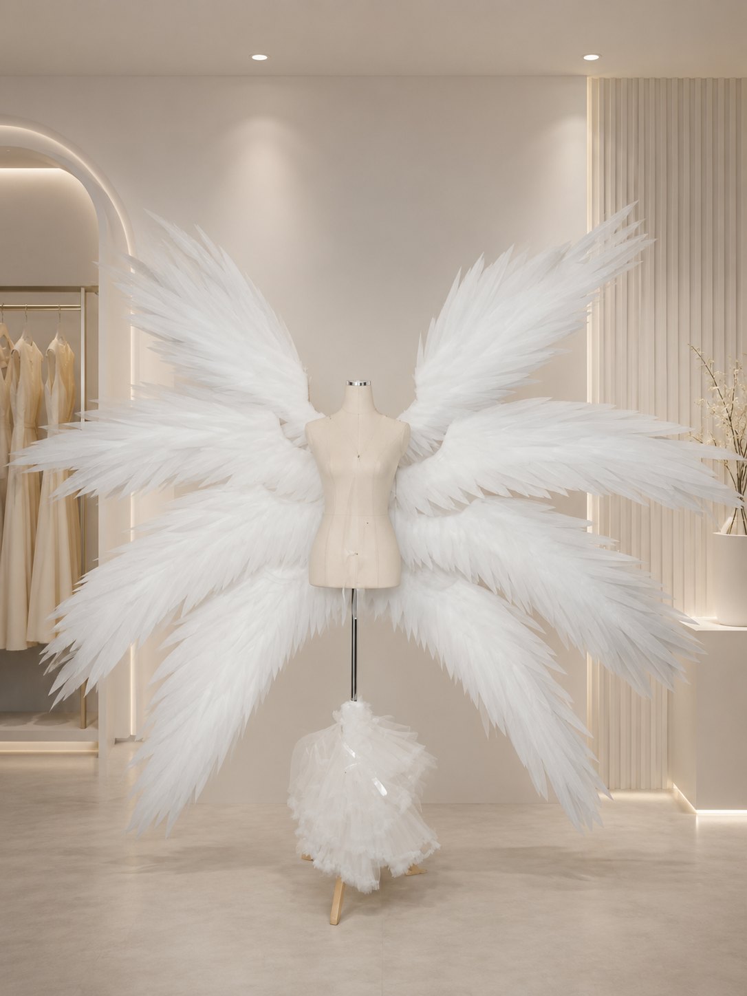 Compact white angel cosplay wings in an open shape on a dress form.