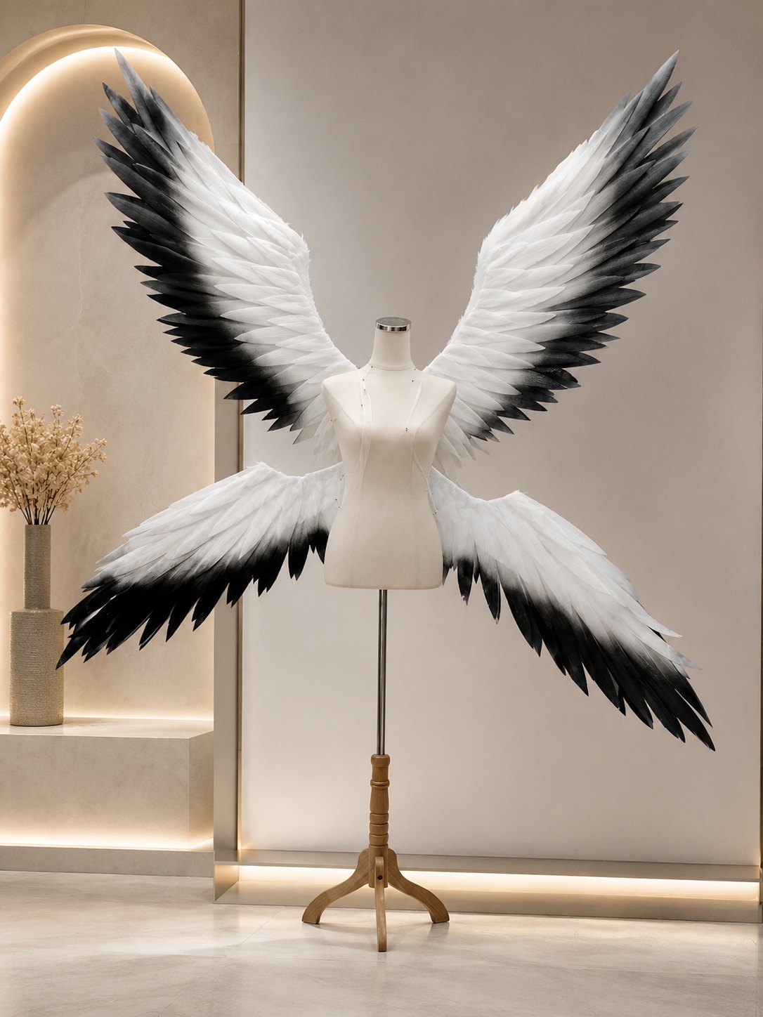 High contrast black and white feather cosplay wings displayed on a dress form.