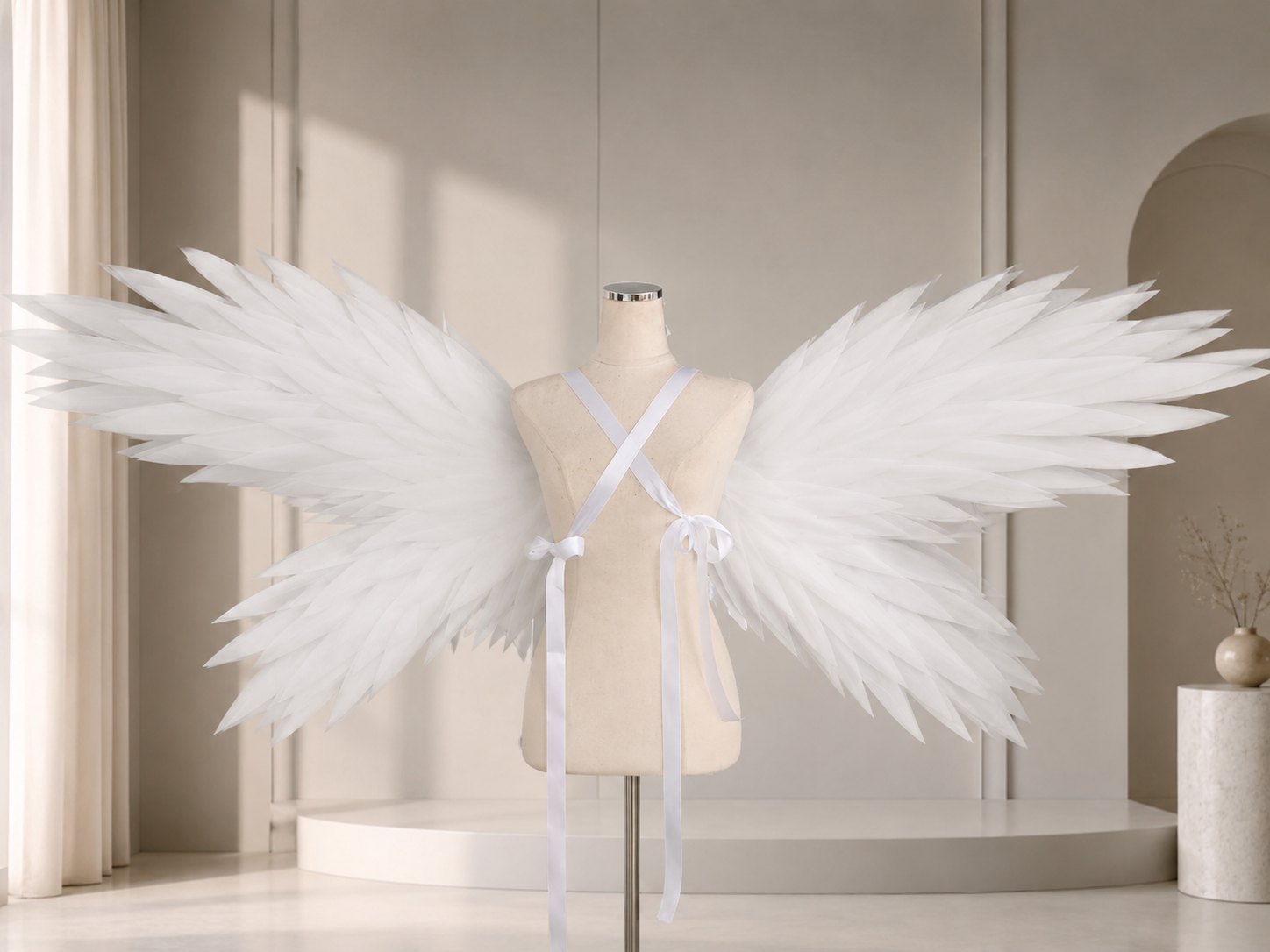 White angel cosplay wings viewed from the back with visible strap fitting.