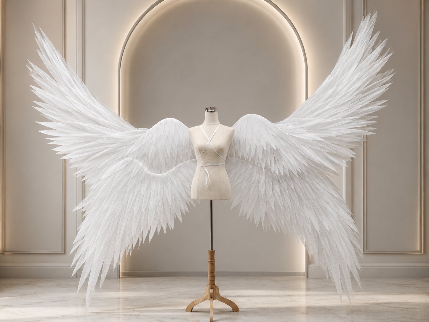 Wide white angel cosplay wings displayed on a dress form in a light room.