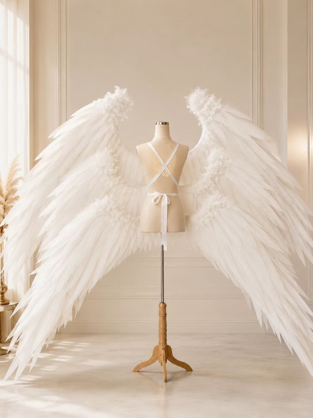 Large custom white angel cosplay wings with a full feather spread on a dress form.