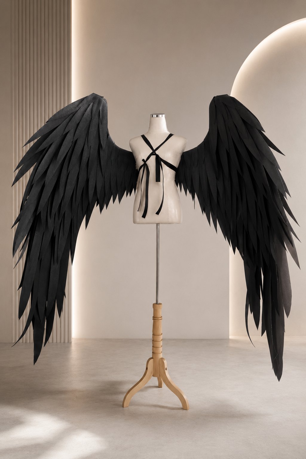 Compact black feather cosplay wings with wearable shoulder scale on a dress form.