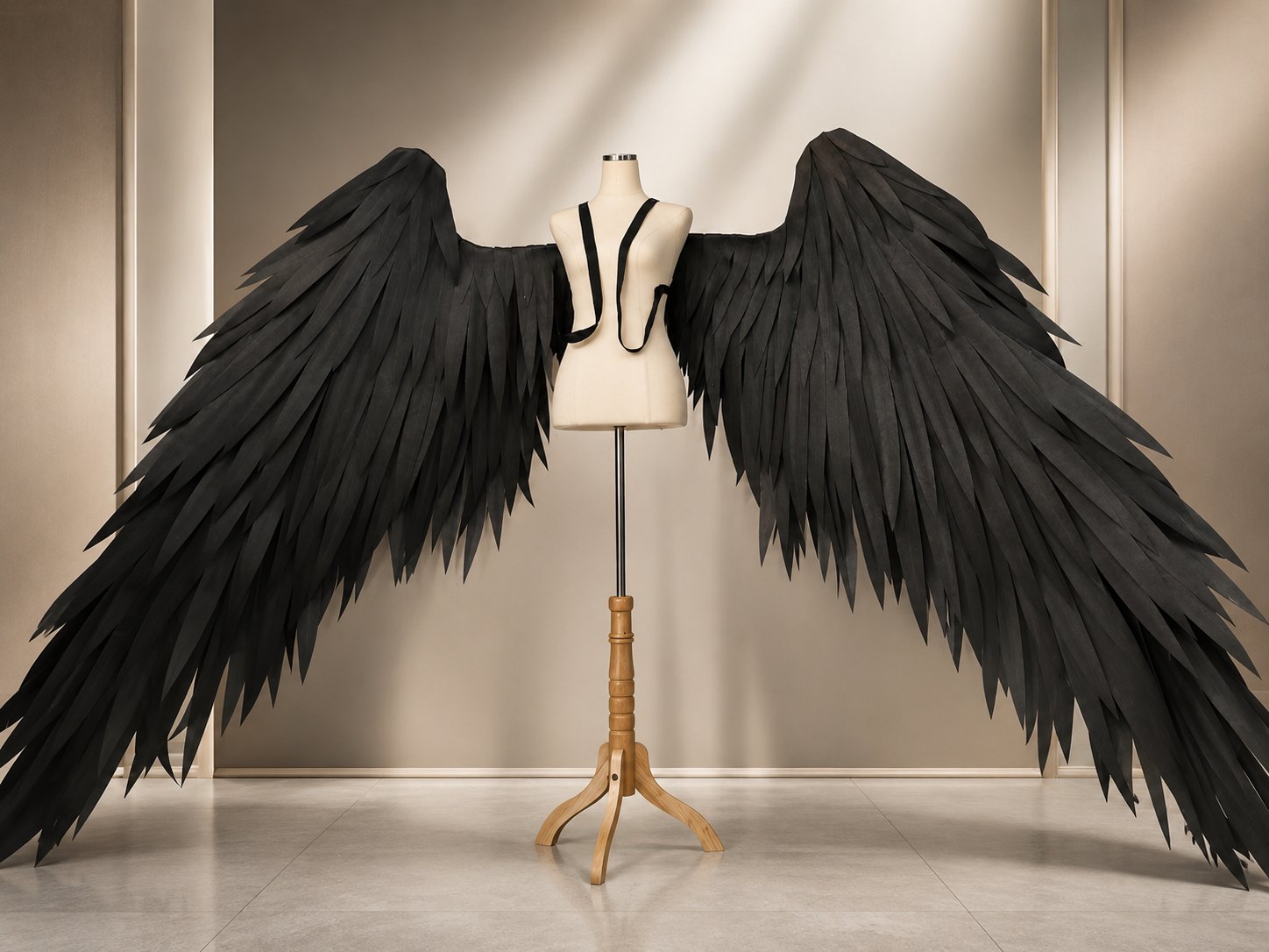 Wide black feather cosplay wings displayed on a dress form for stage styling.