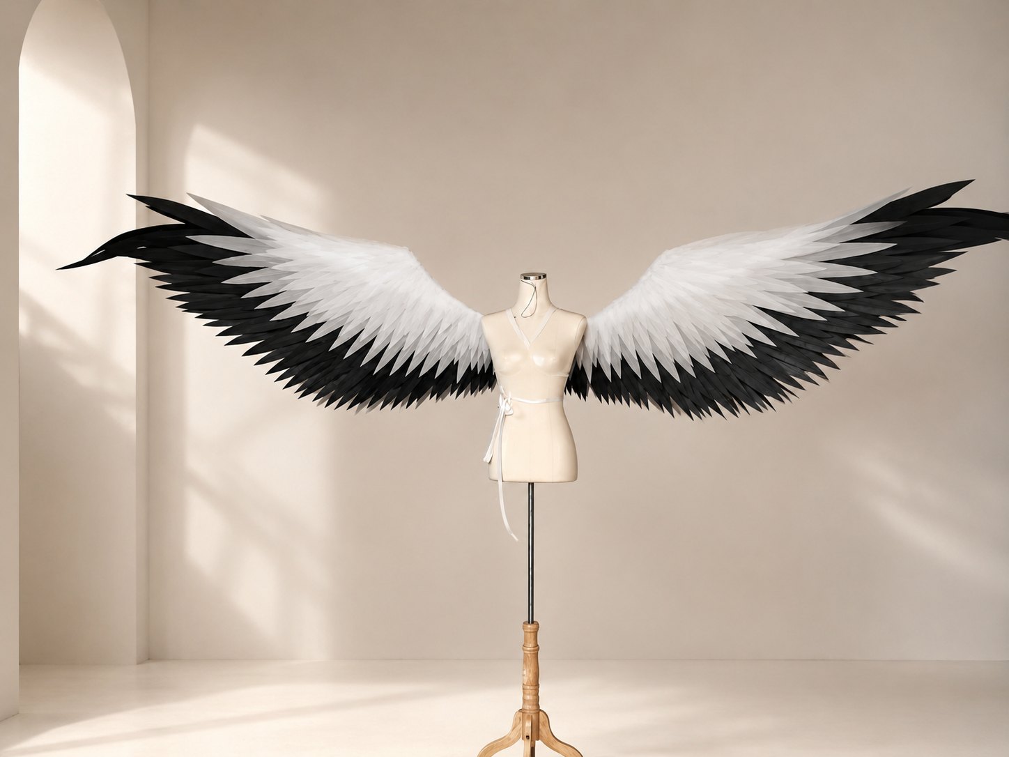 White cosplay angel wings with black feather tips spread wide on a dress form.