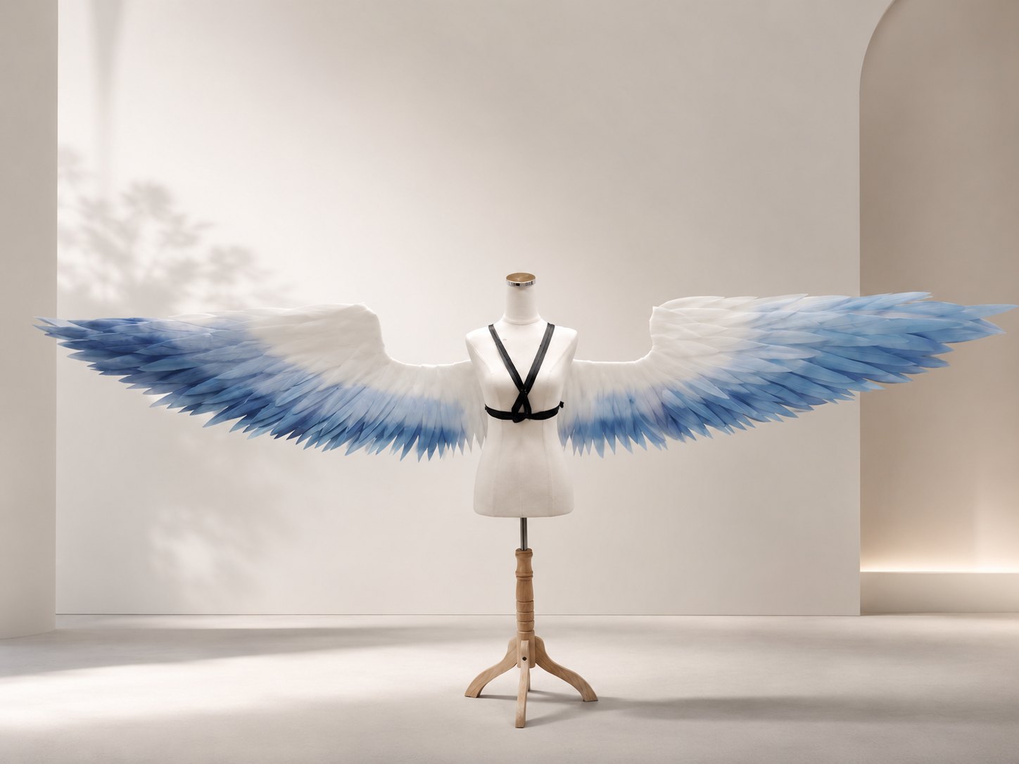 White cosplay wings with blue feather edge accents displayed on a dress form.