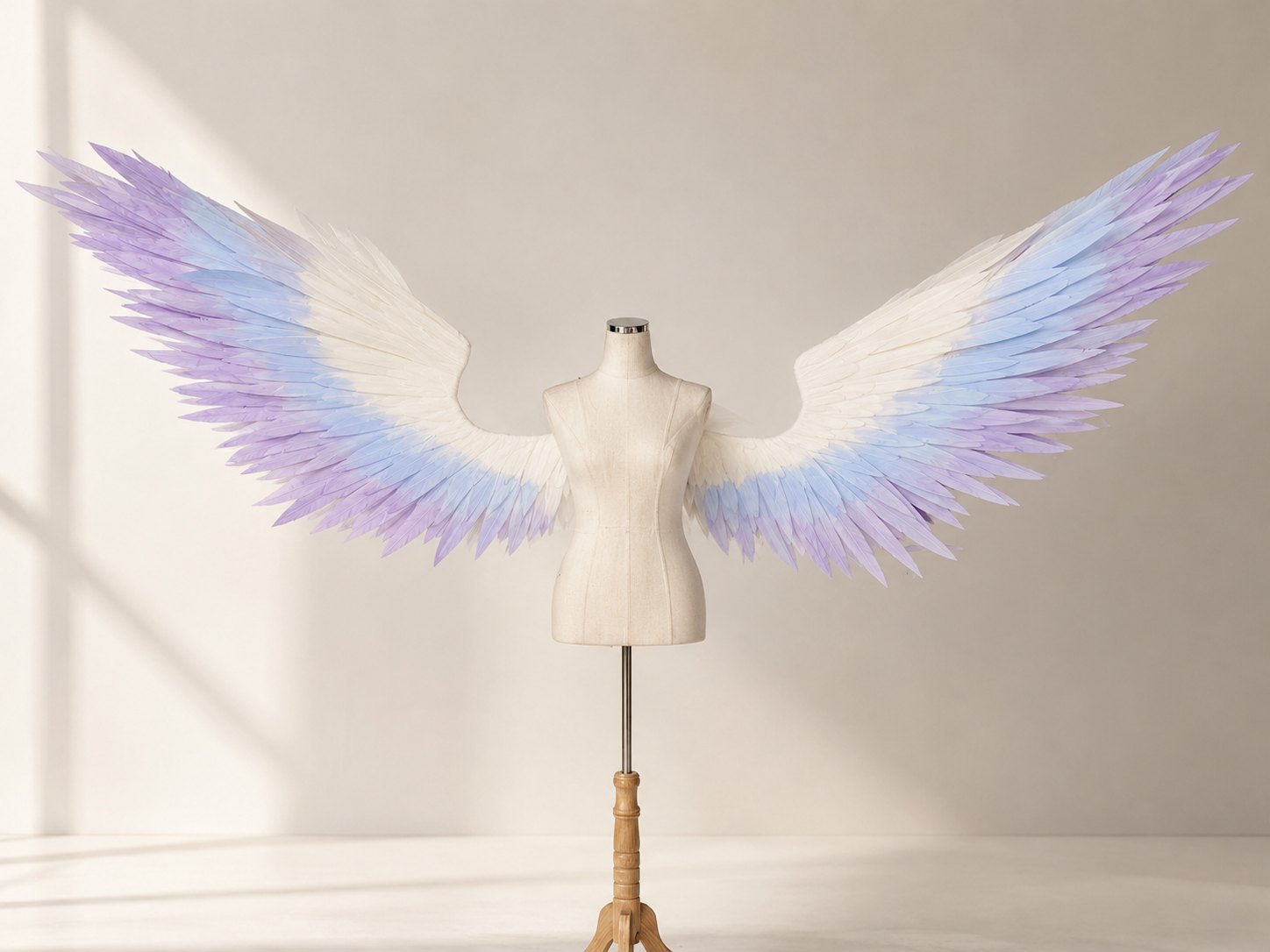 White cosplay wings with pastel blue and violet feather edge accents.