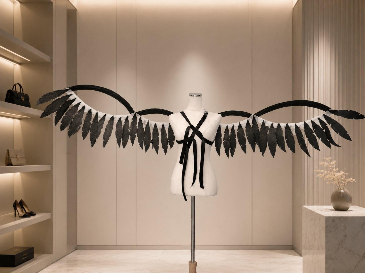 Compact black cosplay wings with visible back strap structure on a dress form.