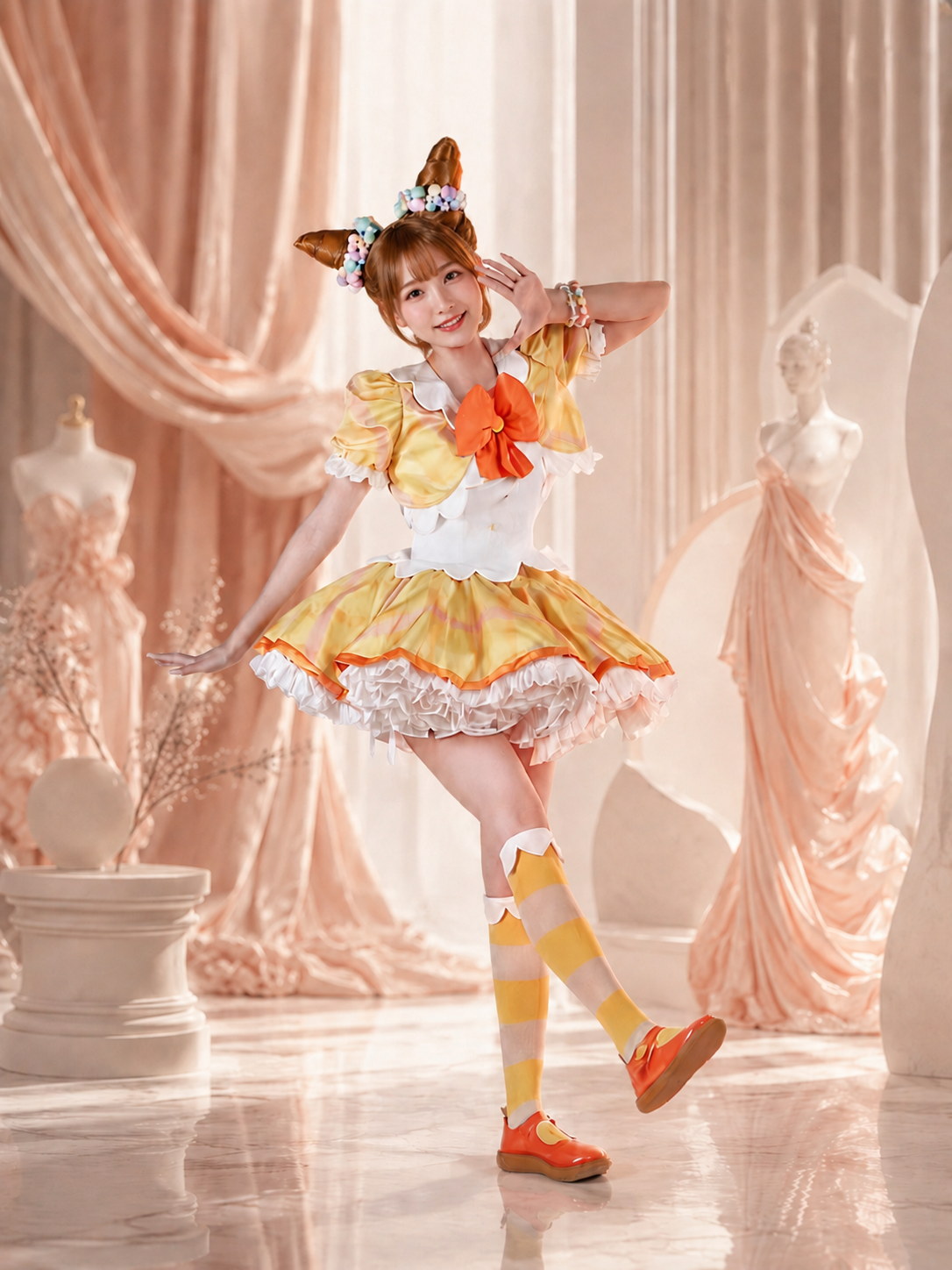 Model wearing a yellow plaid anime idol cosplay dress set with orange bow, candy hair accessories, and striped socks.