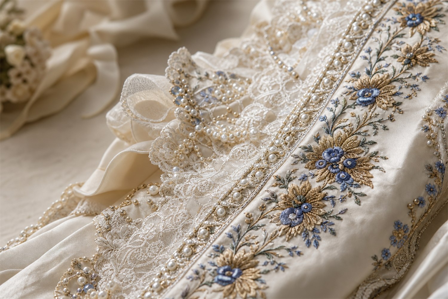 Close detail of ivory embroidered costume fabric with blue and gold floral trim, lace, and pearl finishing.