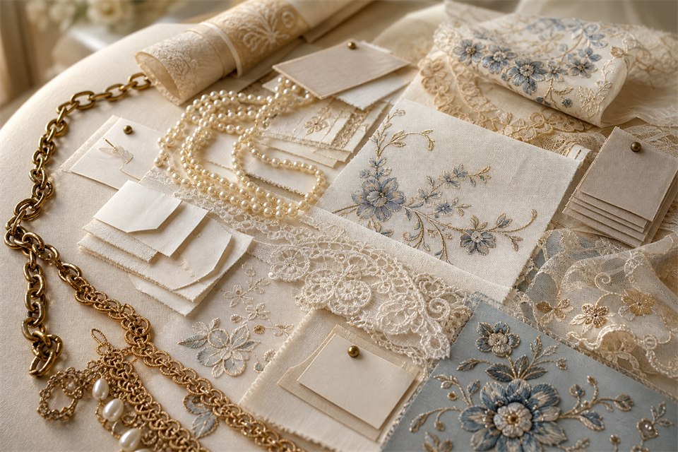 Ivory fabric swatches, lace, pearls, antique gold chain, and blue floral embroidery samples for costume material direction.