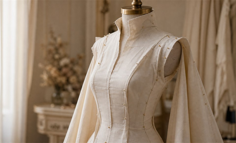 Half-finished ivory costume bodice pinned on a dress form for fit and movement review.