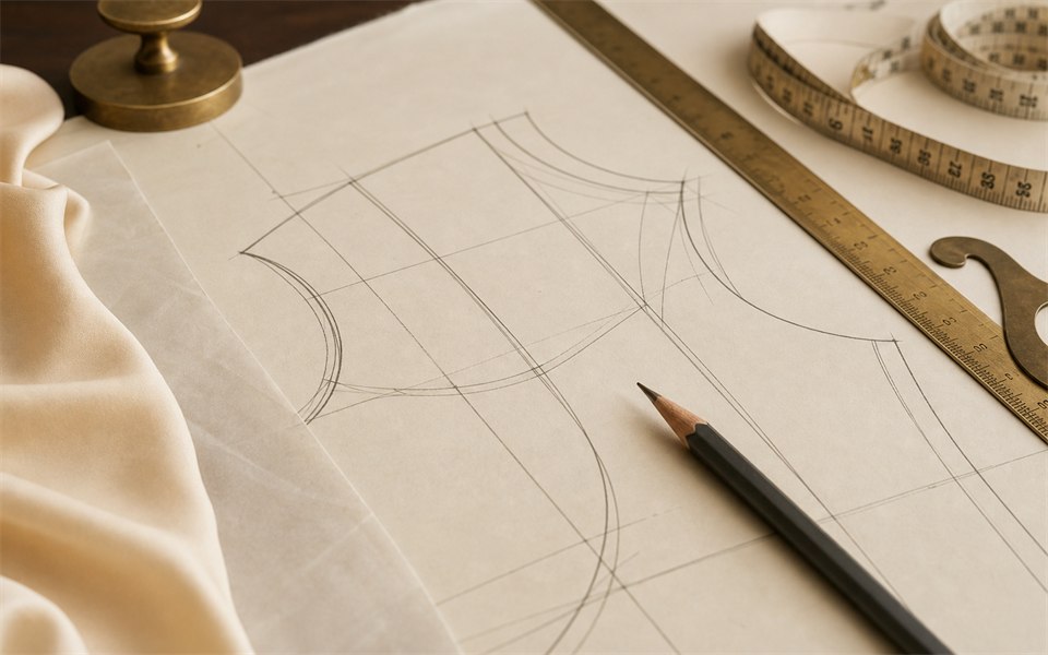Costume pattern drafting paper with pencil, measuring tape, and brass ruler for silhouette planning.