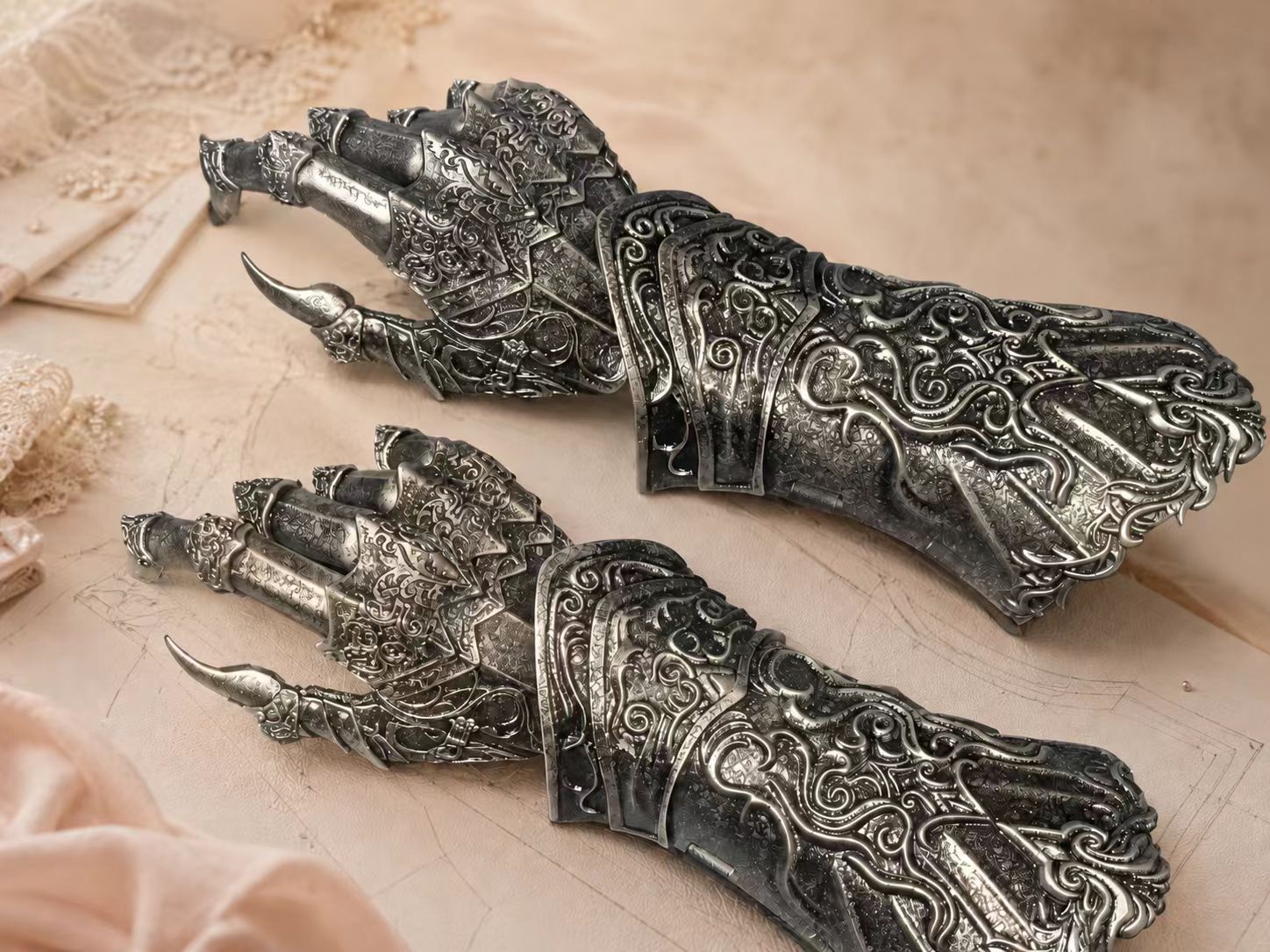 Dark fantasy armor surface detail with antique brass edging, scrollwork, rivets, and a blue jewel accent.