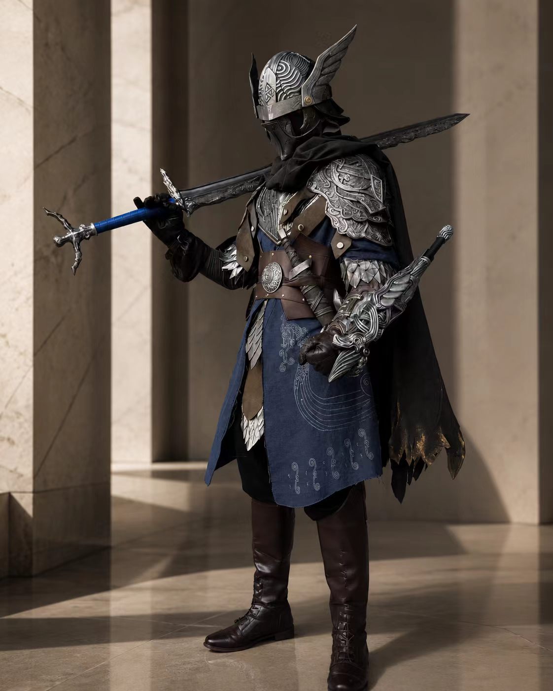 Elden Ring Nightreign Tracker cosplay armor set with helmet, silver armor, long sword, shield, and waist dagger.