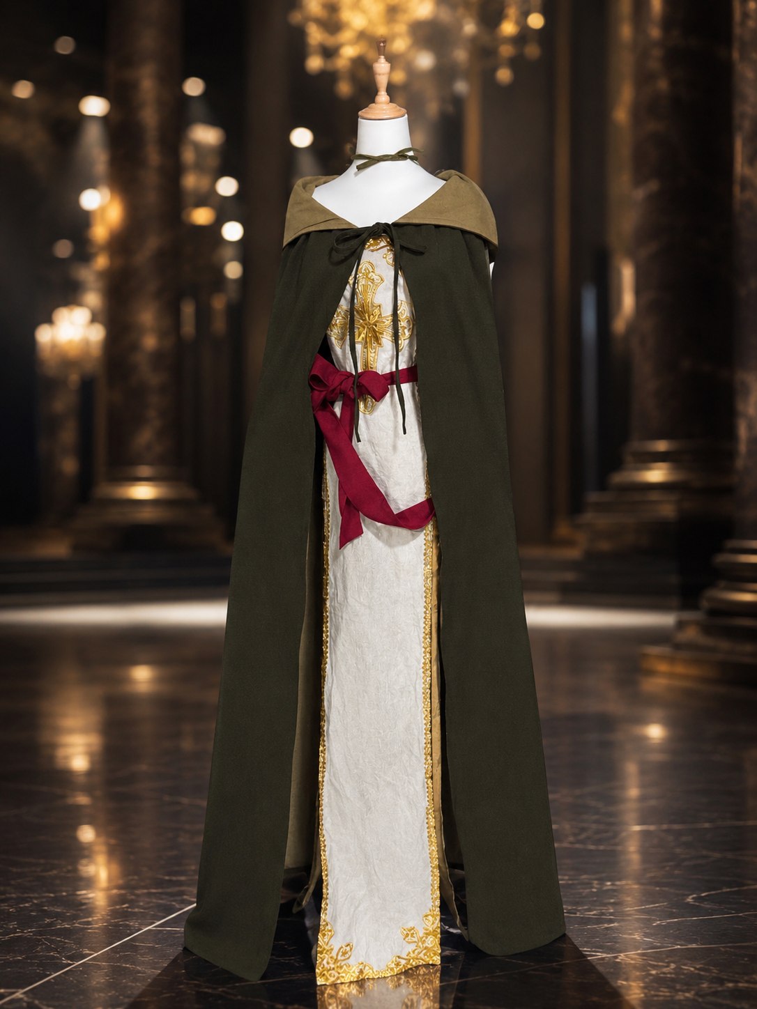 Dark Souls II Emerald Herald cosplay set with olive hooded cloak, ivory gown, gold applique panel, and burgundy sash.