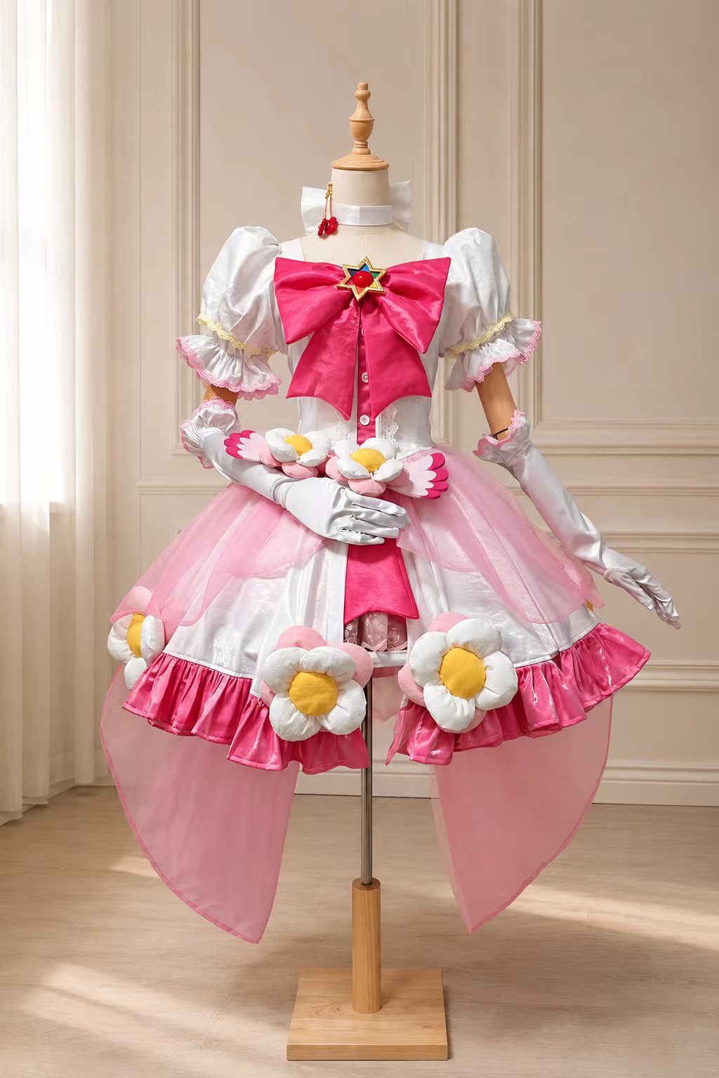 Flower Fairy Xia An'an cosplay costume set with pink layered dress, large bow, flower accents, gloves, and petal skirt panels.