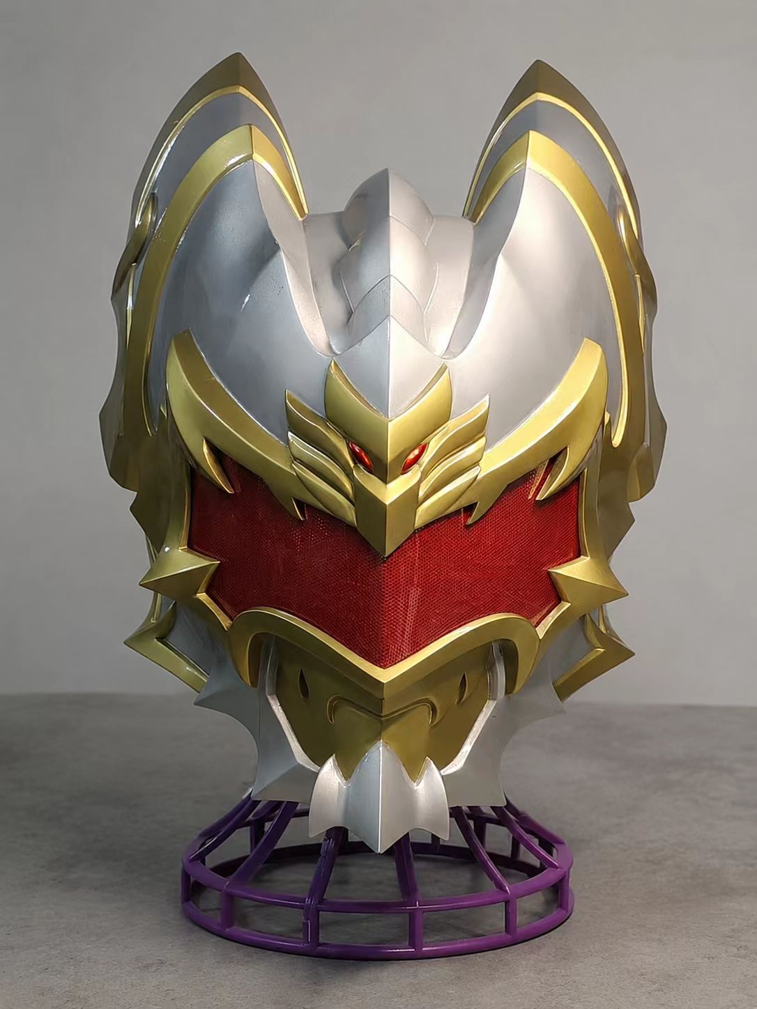 Gold and red custom cosplay helmet neckguard detail.