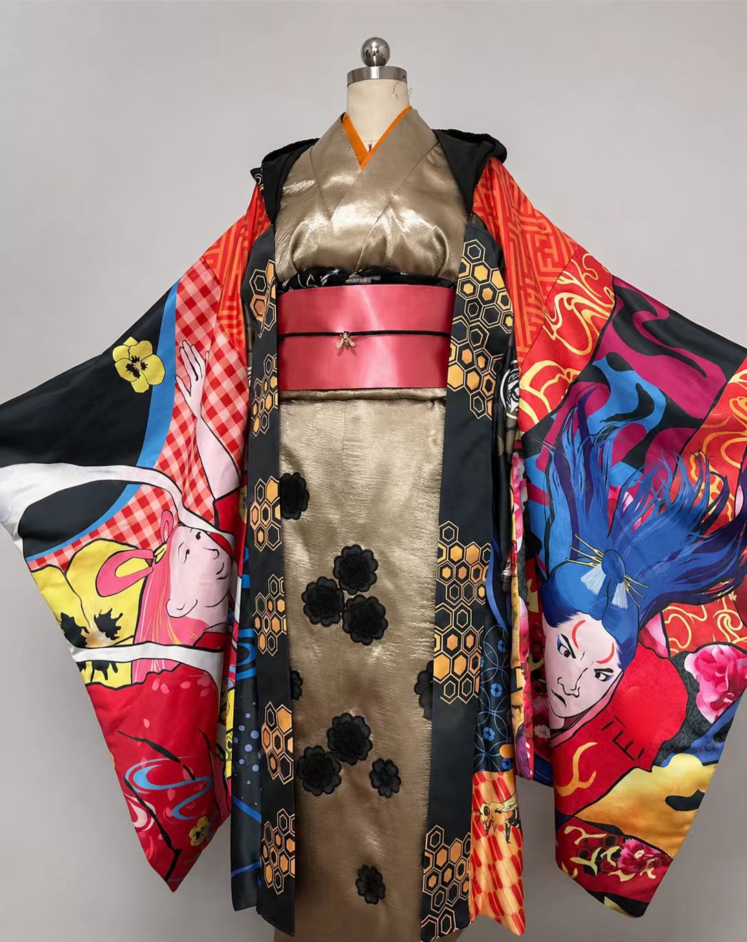 Kaguragi inspired printed furisode kimono set with yellow inner layer, pink obi, black floral details, and colorful dramatic outer robe.