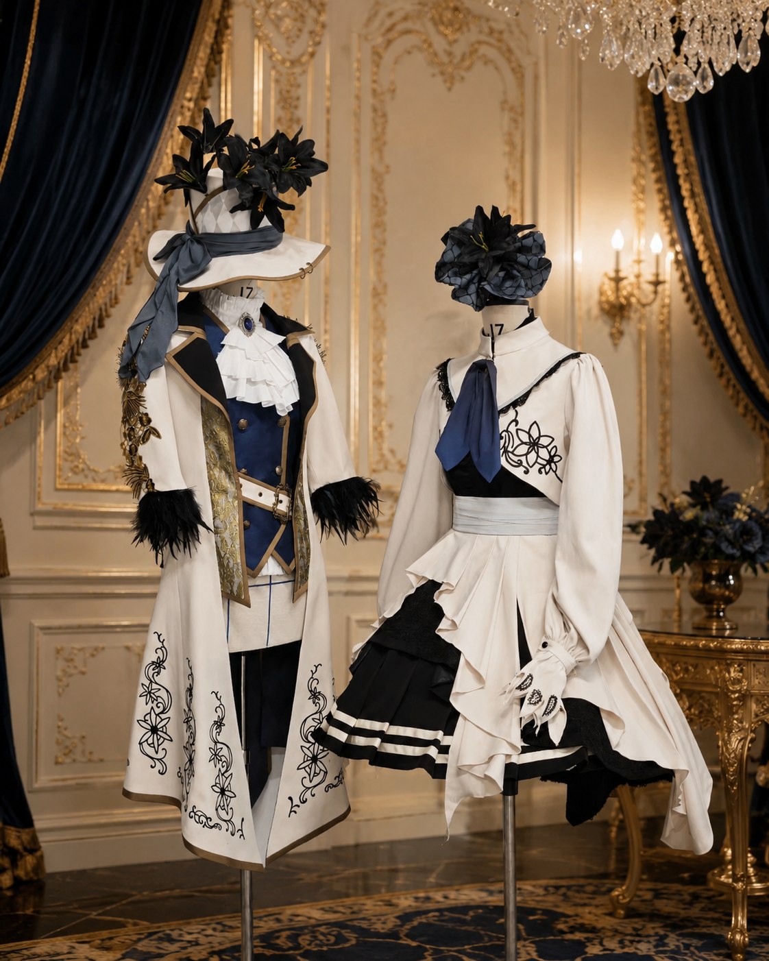 Kamishiro Rui and Asahina Mafuyu duo cosplay set with two ornate white and black embroidered costumes.