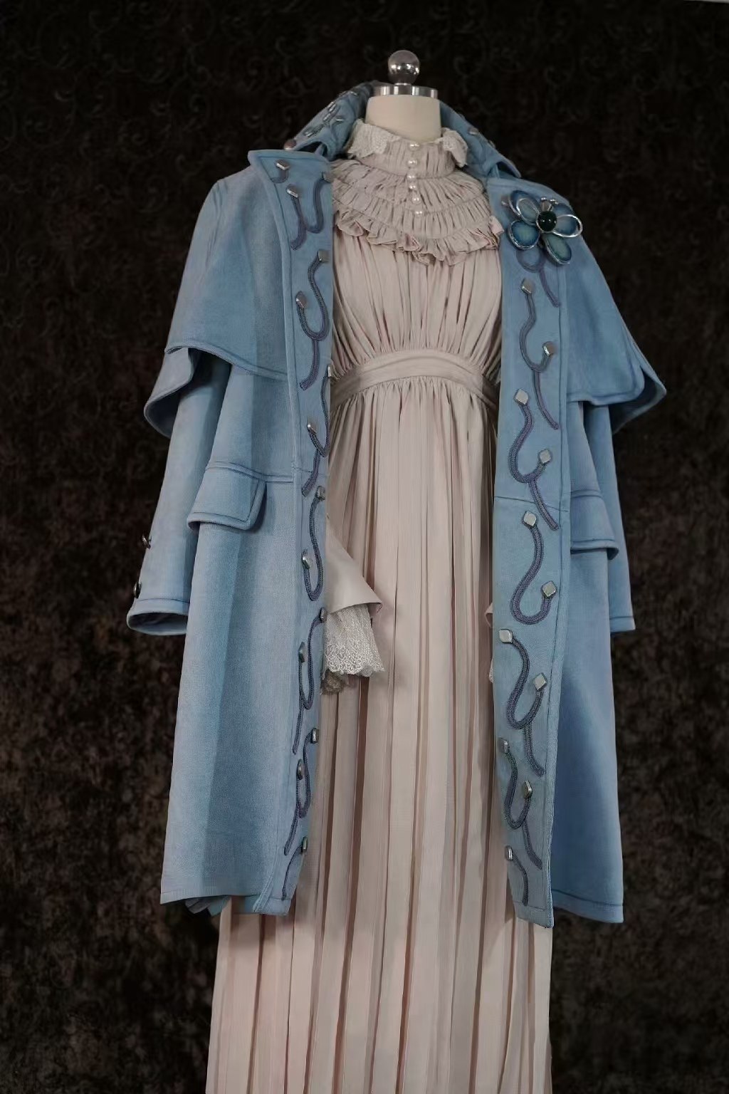 Lies of P Sophia cosplay set with blue coat, pale pleated dress, and handmade flower brooch.