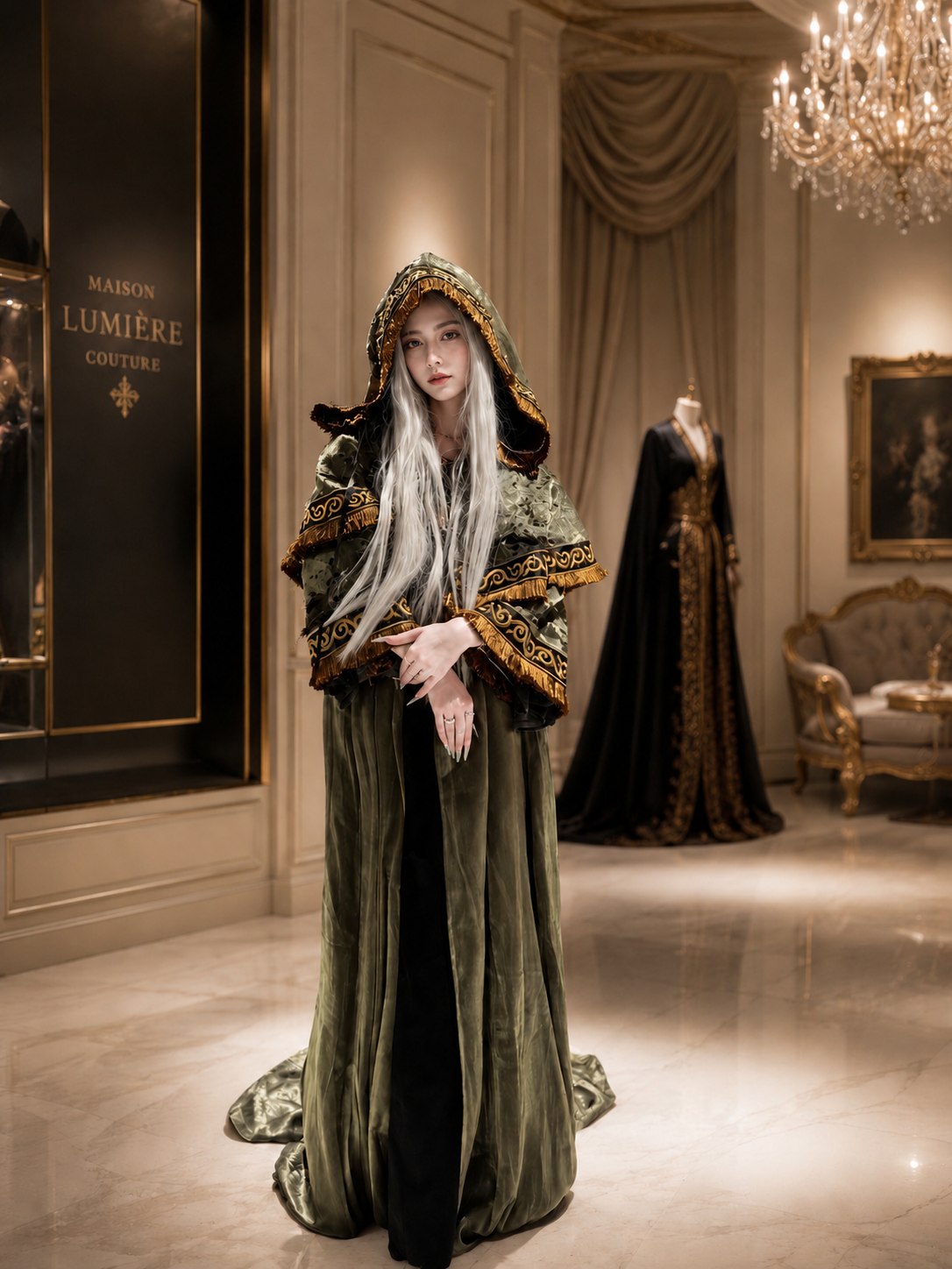 Dark Souls III Lothric Younger Prince cosplay set with dark olive hooded robe, gold trim, and long pale wig.