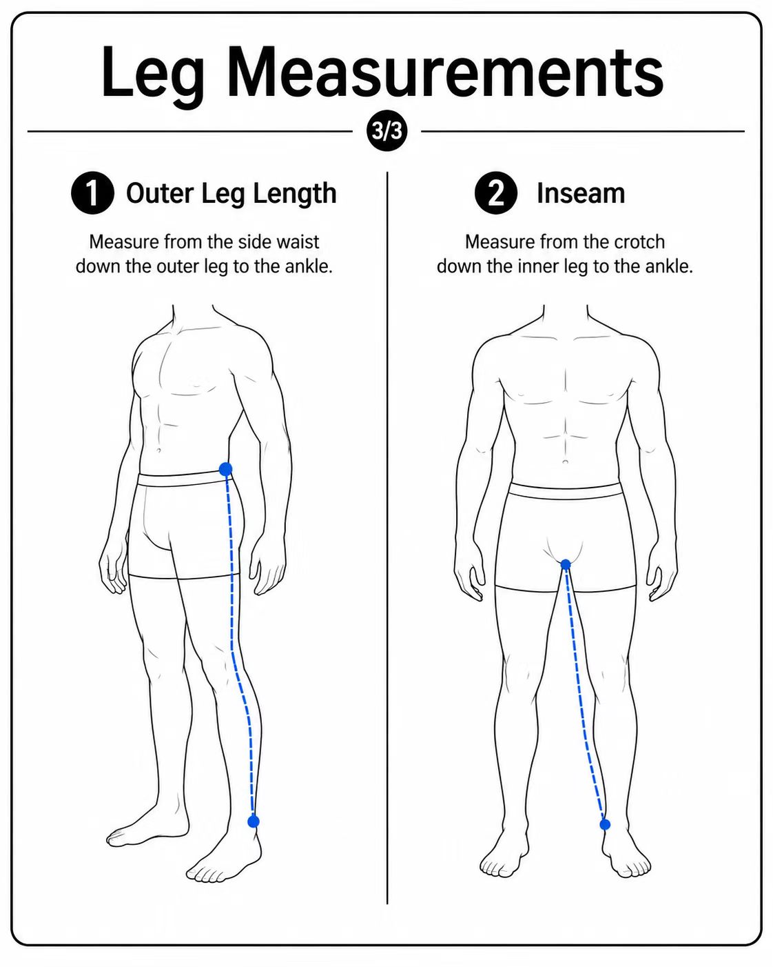 Outer leg length and inseam measurement guide.