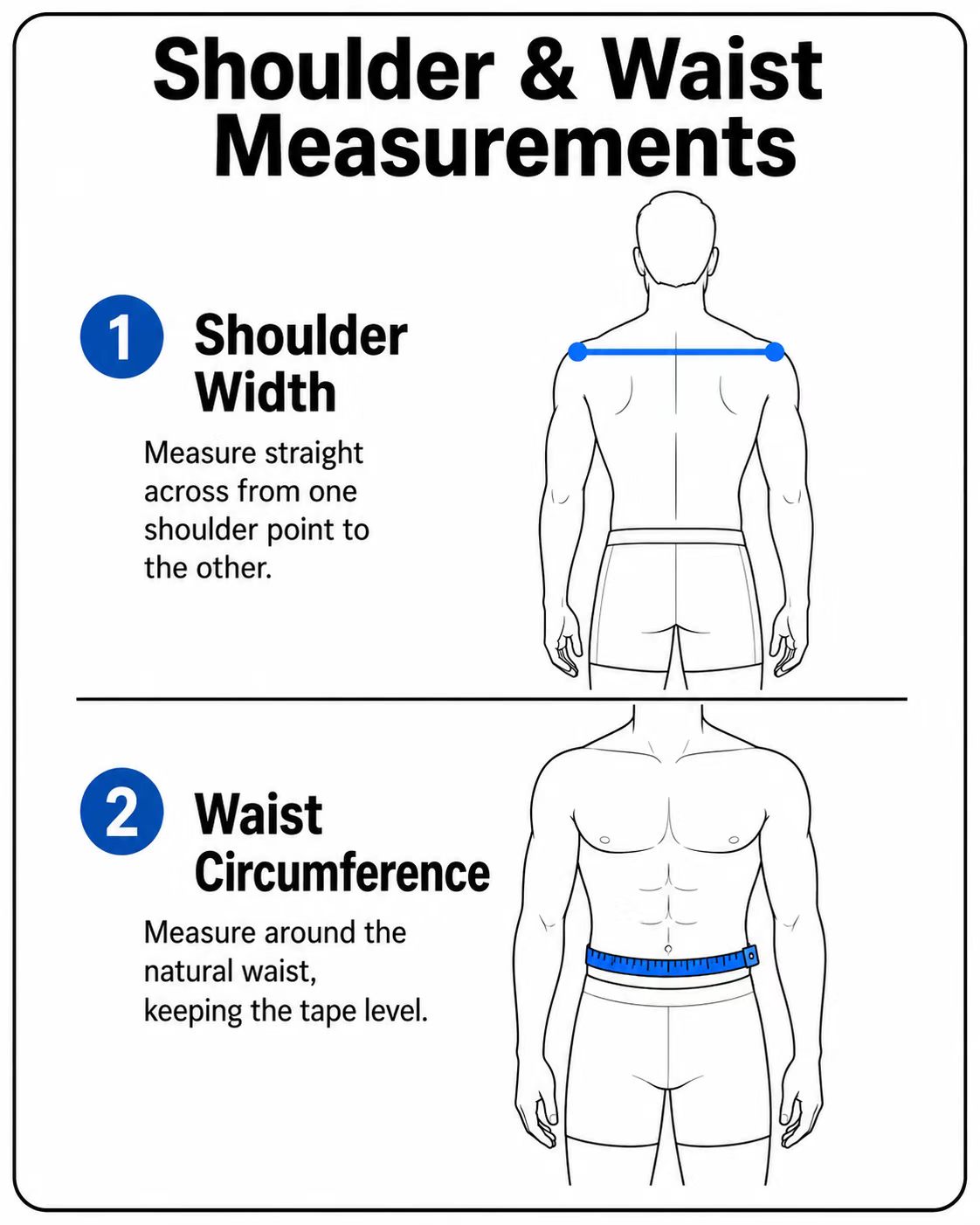 Shoulder width and waist circumference measurement guide.