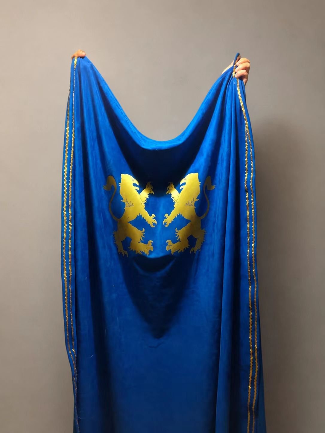 Blue medieval cosplay cloak with gold lion crest held open for display.