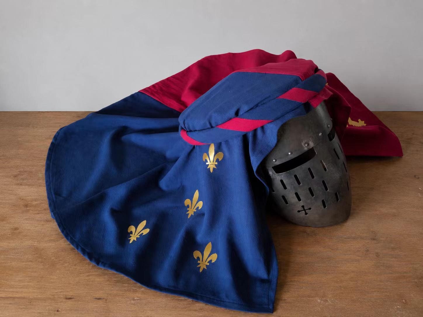 Medieval Knight Armor Surcoat and Headscarf Custom Build - Plantagenet royal arms drape balance