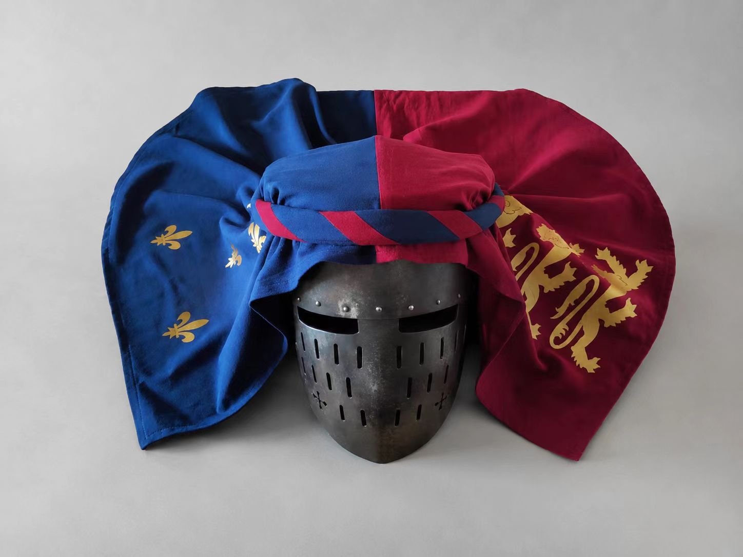 Medieval Knight Armor Surcoat and Headscarf Custom Build - Plantagenet royal arms helmet cover