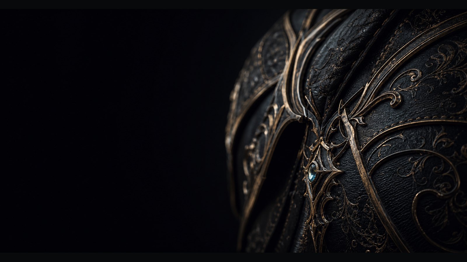 Dark fantasy armor close-up with black leather, gold filigree trim, and a blue gemstone.