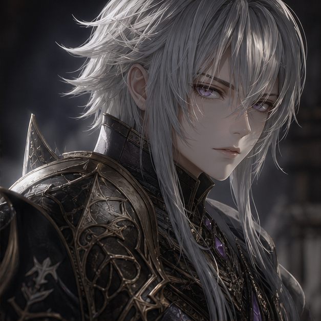 Silver-haired anime-inspired fantasy costume portrait with dark armor details.