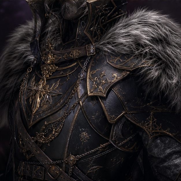 Dark fantasy armor close-up with engraved metal and fur texture.