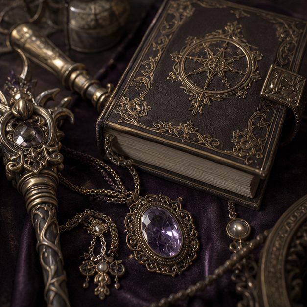 Ornate fantasy prop book, staff, jewelry, and accessory details.