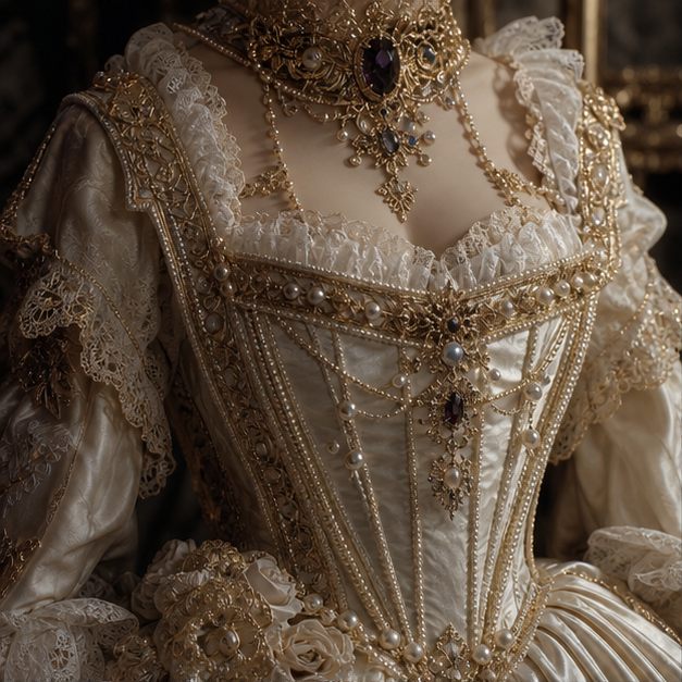Ornate ivory rococo costume bodice with lace, pearls, and gold trim.