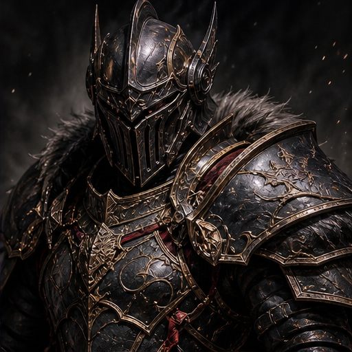 Dark dragon knight fantasy armor with helmet and engraved shoulders.