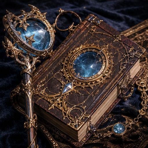 Ornate magical codex prop with blue gems and brass frame.