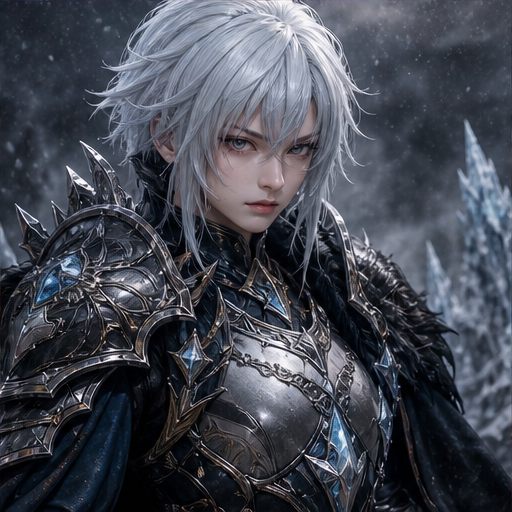 Silver-haired frost fantasy armor character with icy steel details.
