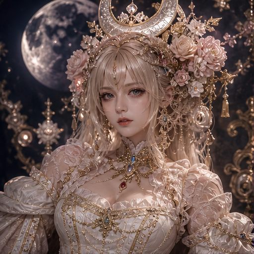 Moonlit rococo fantasy empress costume with pearl and floral headpiece.