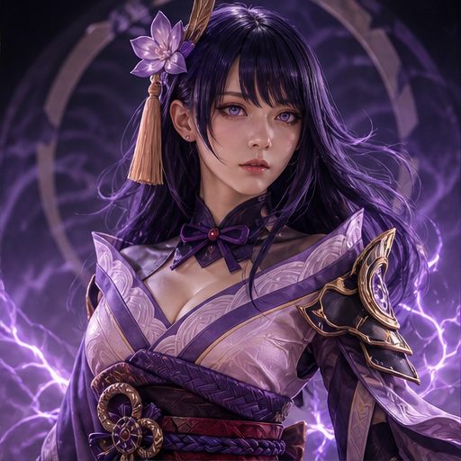 Original violet anime warrior costume portrait with armor accents.