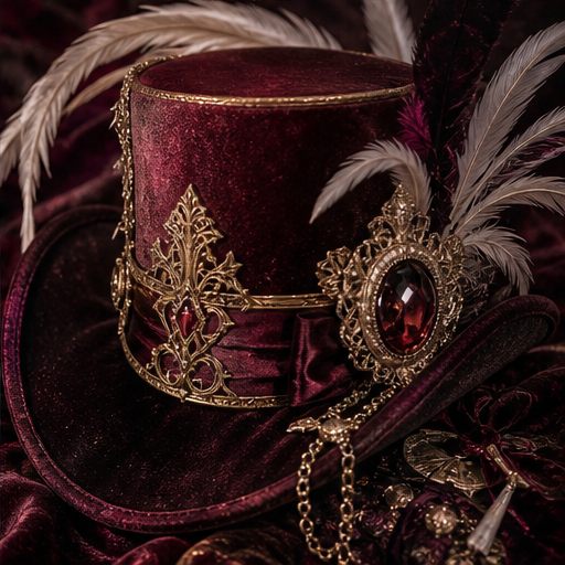 Burgundy velvet fantasy top hat with feathers, brooch, and lace.