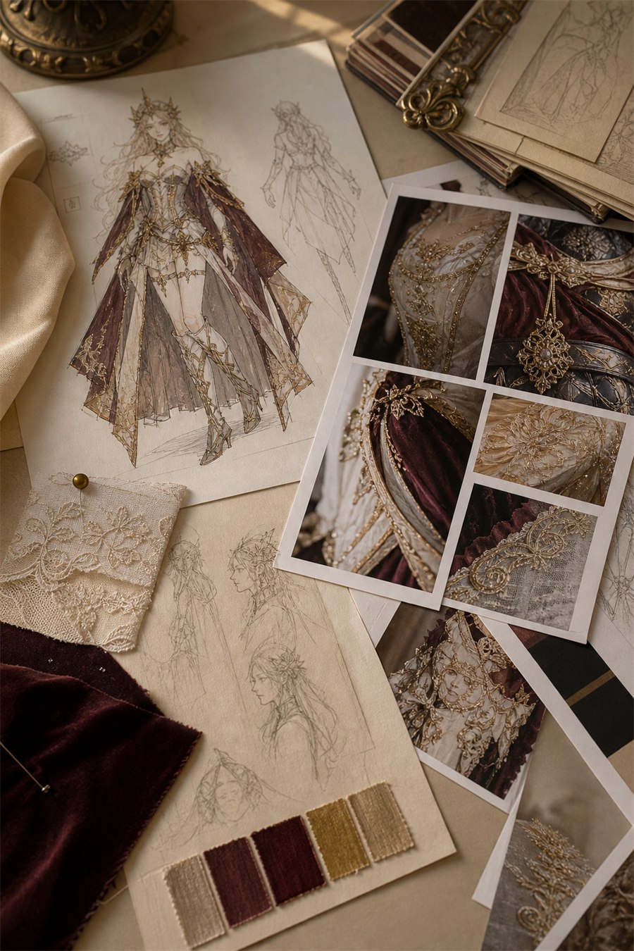 Printed character references, costume sketches, fabric swatches, and detail photos arranged for private atelier review.